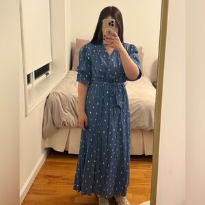 blue maxi dress with a white polka dot pattern